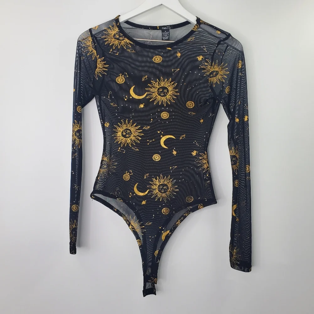 Rue21 Black Mesh Moon and Stars Celestial Graphic Bodysuit Boho Long Sleeves